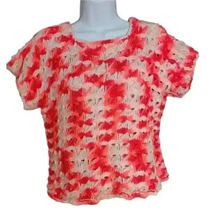 Vintage Hand Crochet Short Sleeve Dark Pink/ White Top